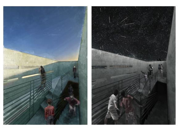 Side by side of early evening and night time renderings in the observatory room at the top of the stair tower.